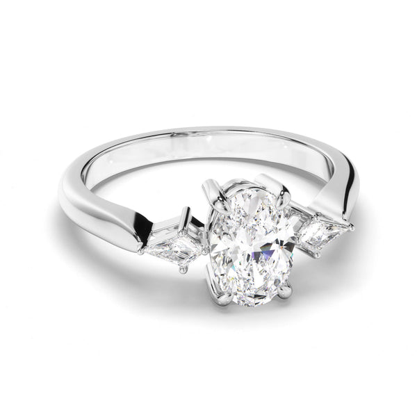 Oval Cut Diamond Trilogy Engagement Ring with Kite Sides