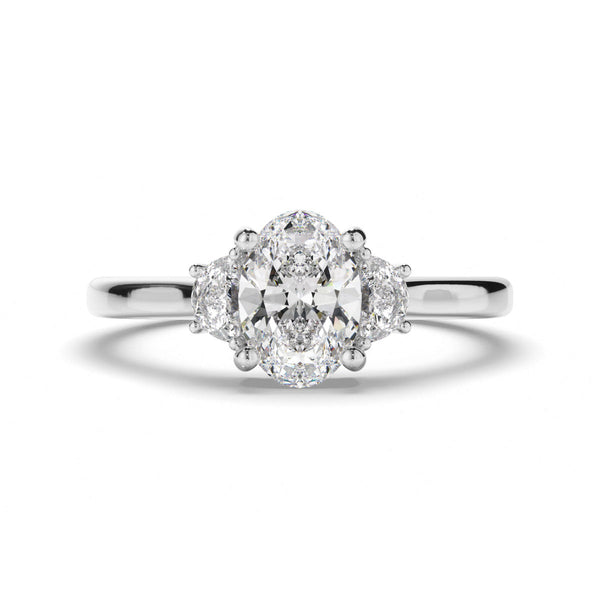 Oval Cut Diamond Trilogy Engagement Ring with Half Moon Sides