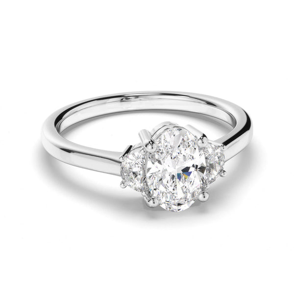 Oval Cut Diamond Trilogy Engagement Ring with Half Moon Sides