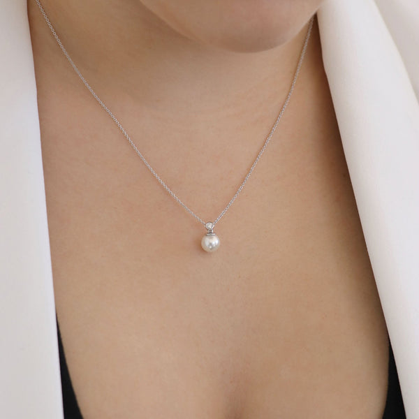 Diamond Pearl Necklace with 0.03ct Diamonds in 9ct White Gold - N-20565-003-W