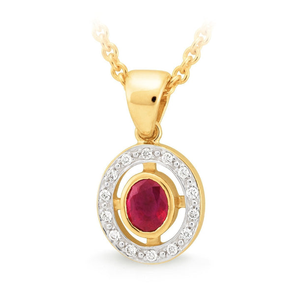 0.41ct Ruby & Diamond Bezel-Bead Set Pendant in 9ct Yellow Gold