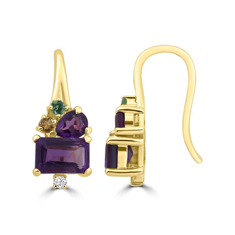 Diamond, Amethyst, Citrine, Tsavourite Hook Earrings with 0.025ct Diamonds in 9ct Yellow Gold