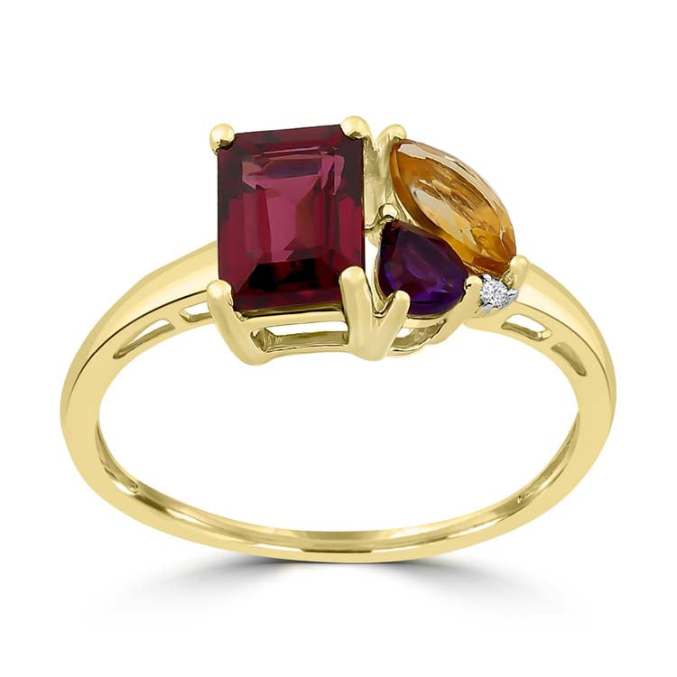 Diamond, Rhodolite, Amethyst, Citrine Ring with 0.007ct Diamonds in 9ct Yellow Gold