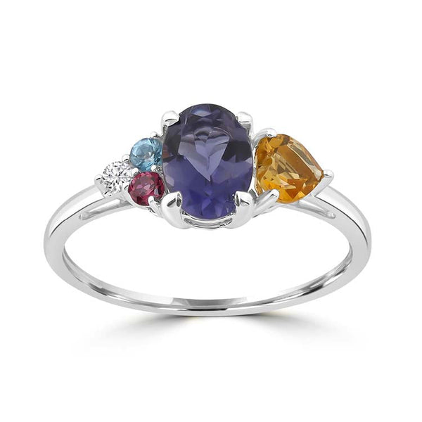 Diamond, Iolite, Citrine, Blue Topaz, Rhodolite Ring with 0.03ct Diamonds in 9ct White Gold