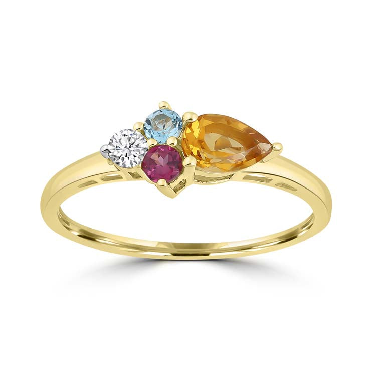 Diamond, Citrine, Blue Topaz, Rhodolite Ring with 0.08ct Diamonds in 9ct Yellow Gold