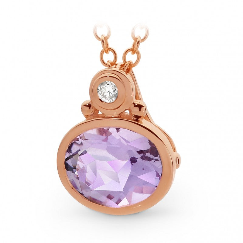 1.2ct Pink Amethyst & Diamond Bezel Set Pendant in 9ct Rose Gold