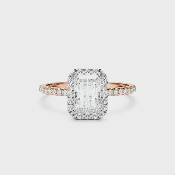 Radiant Cut Diamond Halo Engagement Ring With Pave Band