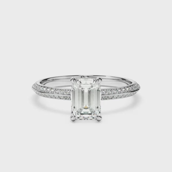 Emerald Cut Diamond Knife Edge Engagement Ring With Diamond Pave Sides