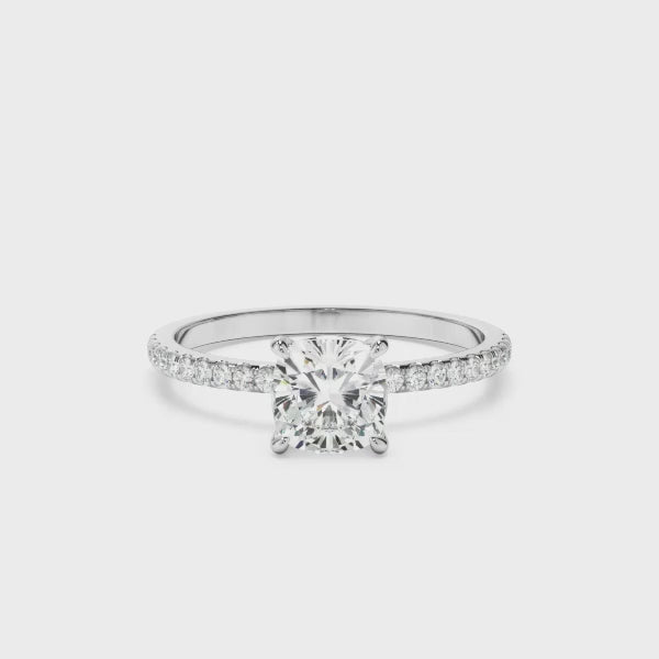 Cushion Cut Diamond Solitaire Engagement Ring With Pave Band