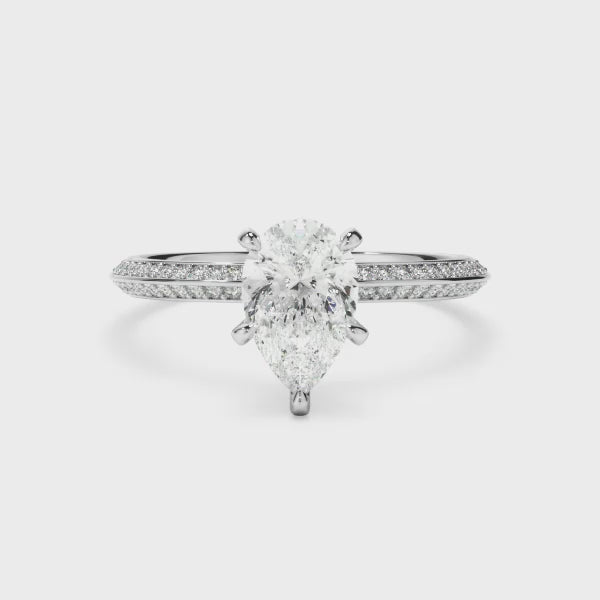 Pear Cut Diamond Knife Edge Engagement Ring With Diamond Pave Sides