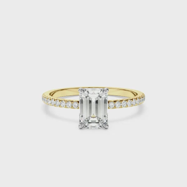 Emerald Cut Diamond Solitaire Engagement Ring With Pave Band