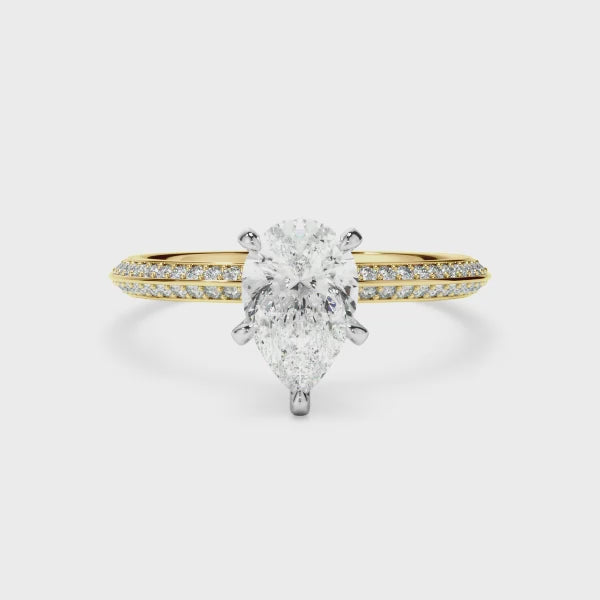 Pear Cut Diamond Knife Edge Engagement Ring With Diamond Pave Sides