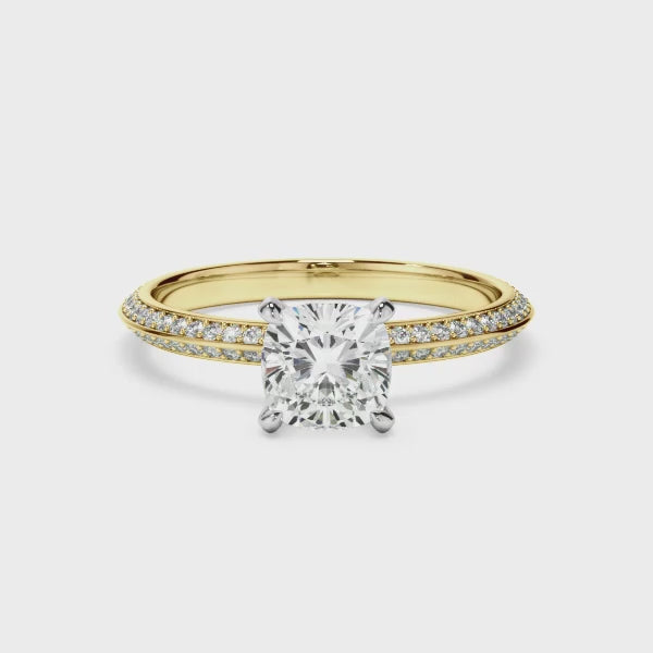 Cushion Cut Diamond Knife Edge Engagement Ring With Diamond Pave Sides