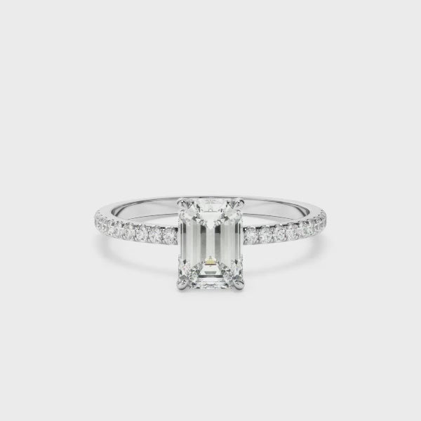 Emerald Cut Diamond Solitaire Engagement Ring With Pave Band