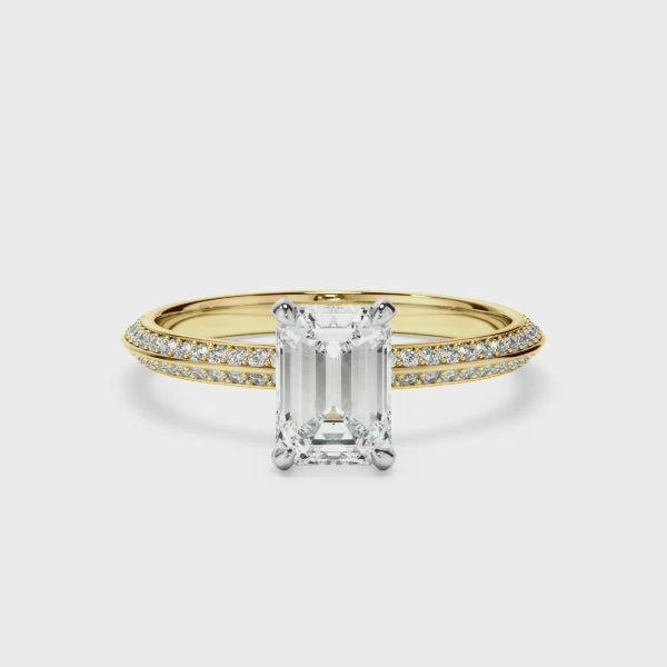 Emerald Cut Diamond Knife Edge Engagement Ring With Diamond Pave Sides