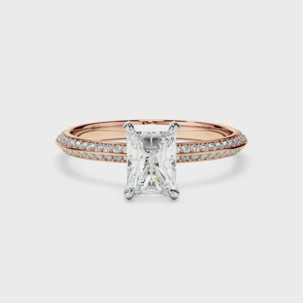 Radiant Cut Diamond Knife Edge Engagement Ring With Diamond Pave Sides