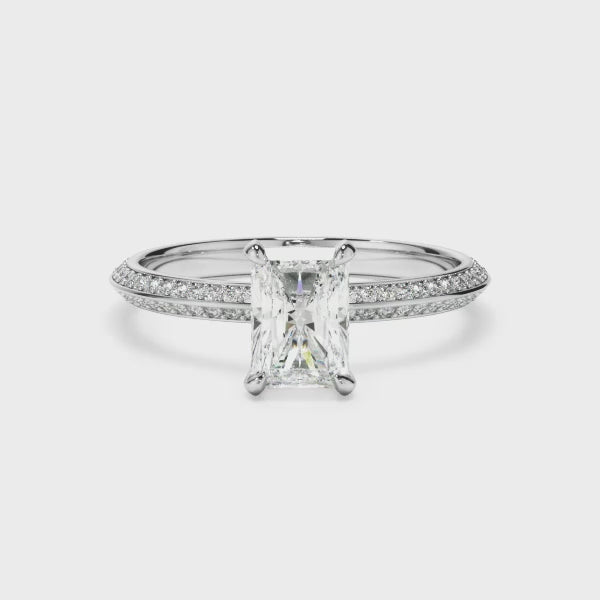 Radiant Cut Diamond Knife Edge Engagement Ring With Diamond Pave Sides