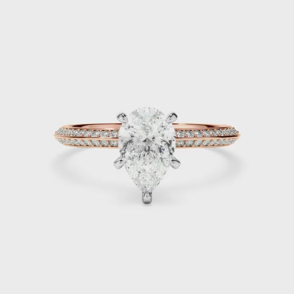 Pear Cut Diamond Knife Edge Engagement Ring With Diamond Pave Sides