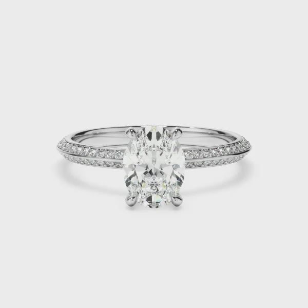 Oval Cut Diamond Knife Edge Engagement Ring With Diamond Pave Sides