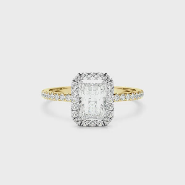 Radiant Cut Diamond Halo Engagement Ring With Pave Band