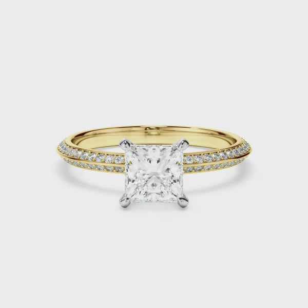 Princess Cut Diamond Knife Edge Engagement Ring With Diamond Pave Sides